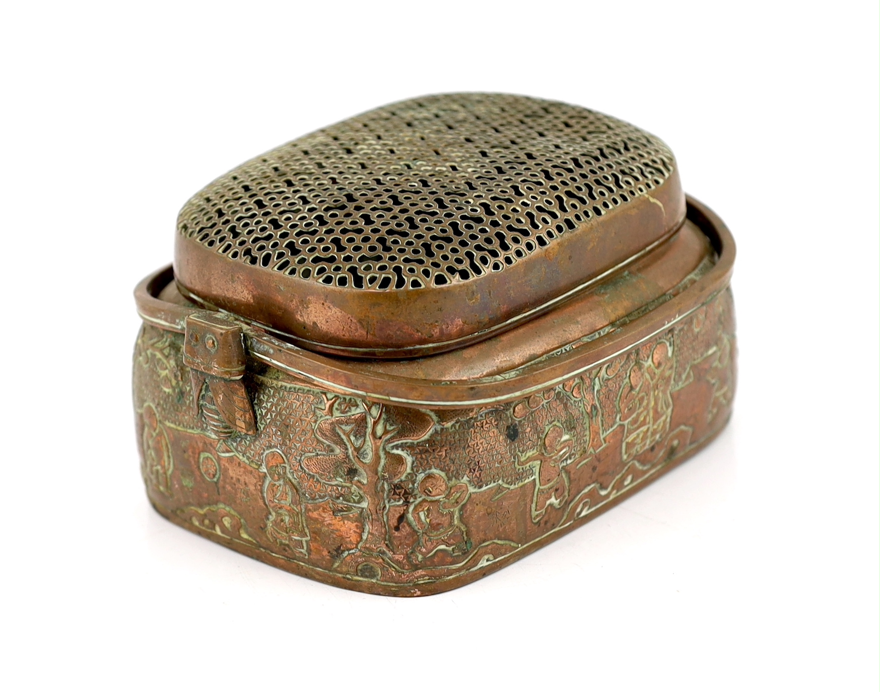 A Chinese embossed copper hand warmer, 17th/18th century